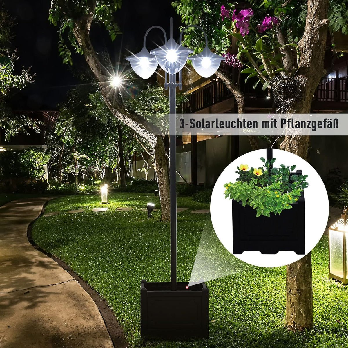Solar Tuinlamp – Solar Buitenlicht – Solar LED Lamp – Solar Tuinverlichting – Driekoppige Lamp Met Bloempotvoet – Waterdicht – Roestvrij Staal – 60x55x189 cm