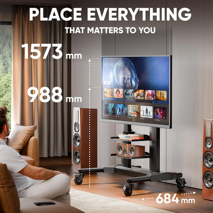 ONKRON Tv-standaard, rolbaar voor 40-80 inch tv's tot 55,5 kg, televisiestandaard, in hoogte verstelbaar, van aluminium, max 700 x 400 VESA-standaard, televisiewagen, rolwagen/tv-wagen met wielen,