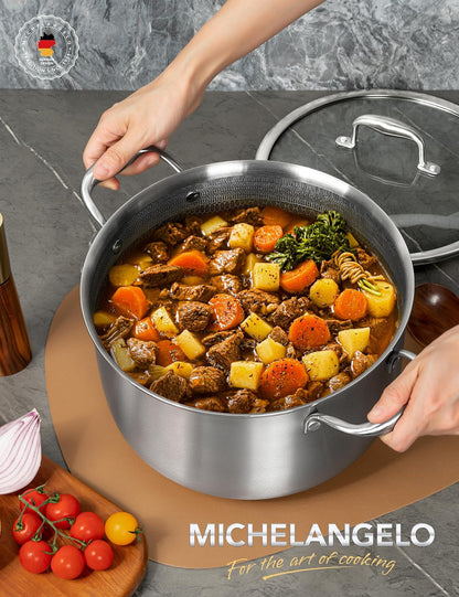 MICHELANGELO Drielaagse roestvrijstalen voorraadpot, 8-kwart soeppan met deksel, 18/10 antiaanbakpan met honingraatbinnenkant, compatibel met alle kookplaten