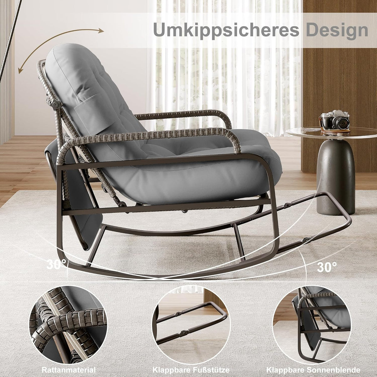 Schommelstoel – Rattan Stoel – Schommelstoel Buiten – Relaxstoel – Ligstoel – Verstelbare Rugleuning – Zonneklep – Draagkracht 300 kg – Grijs