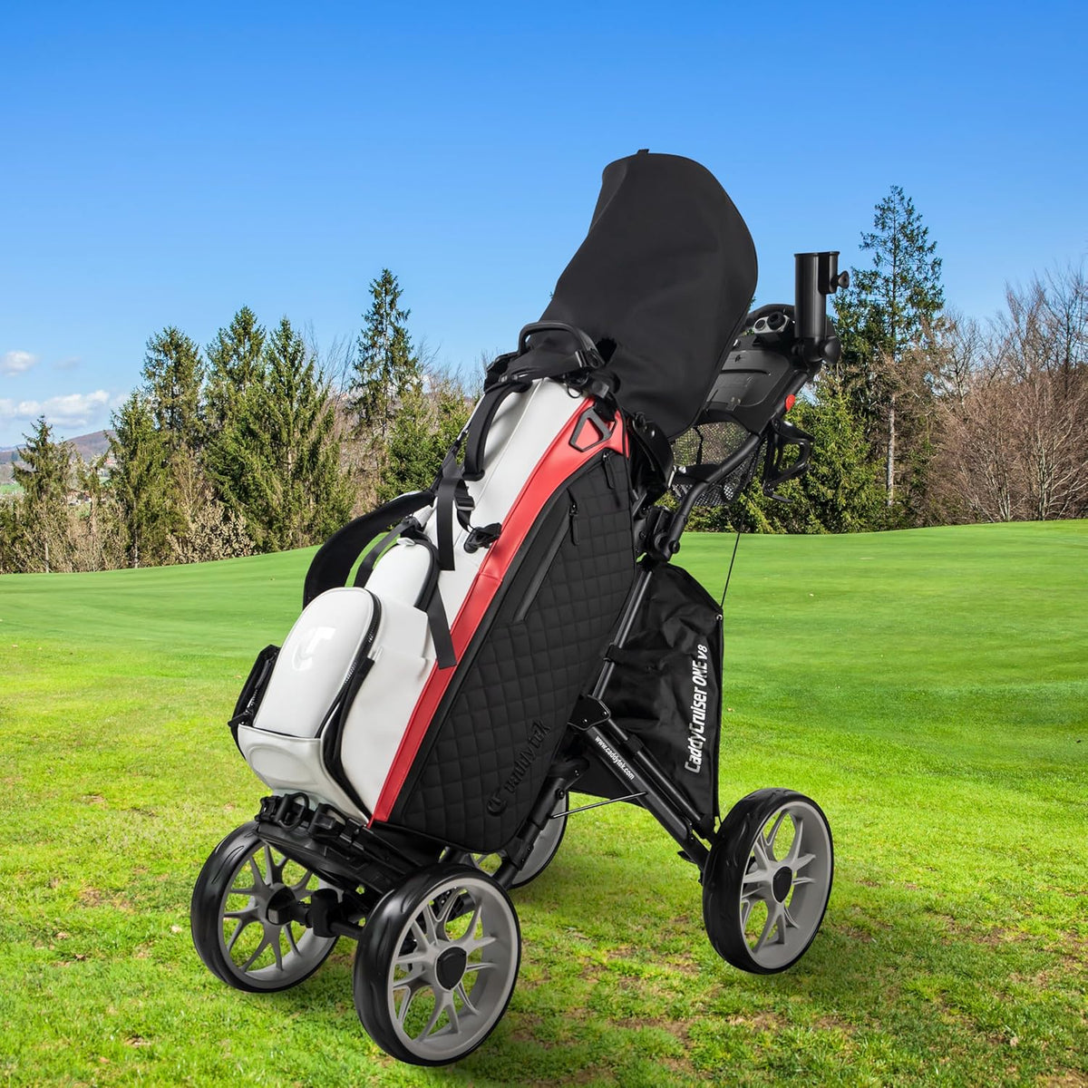 CaddyTek Golfwagen met 4 wielen - Caddycruiser One Version 8 1-Click opvouwbare trolley - lichtgewicht, compacte trekwagen, gemakkelijk te openen