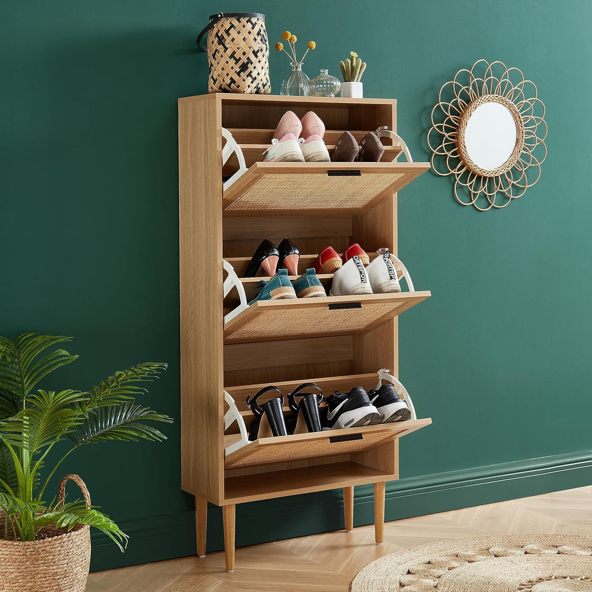 BAÏTA - Schoenenkast AMANA eikenlook en rotan riet, 60 cm