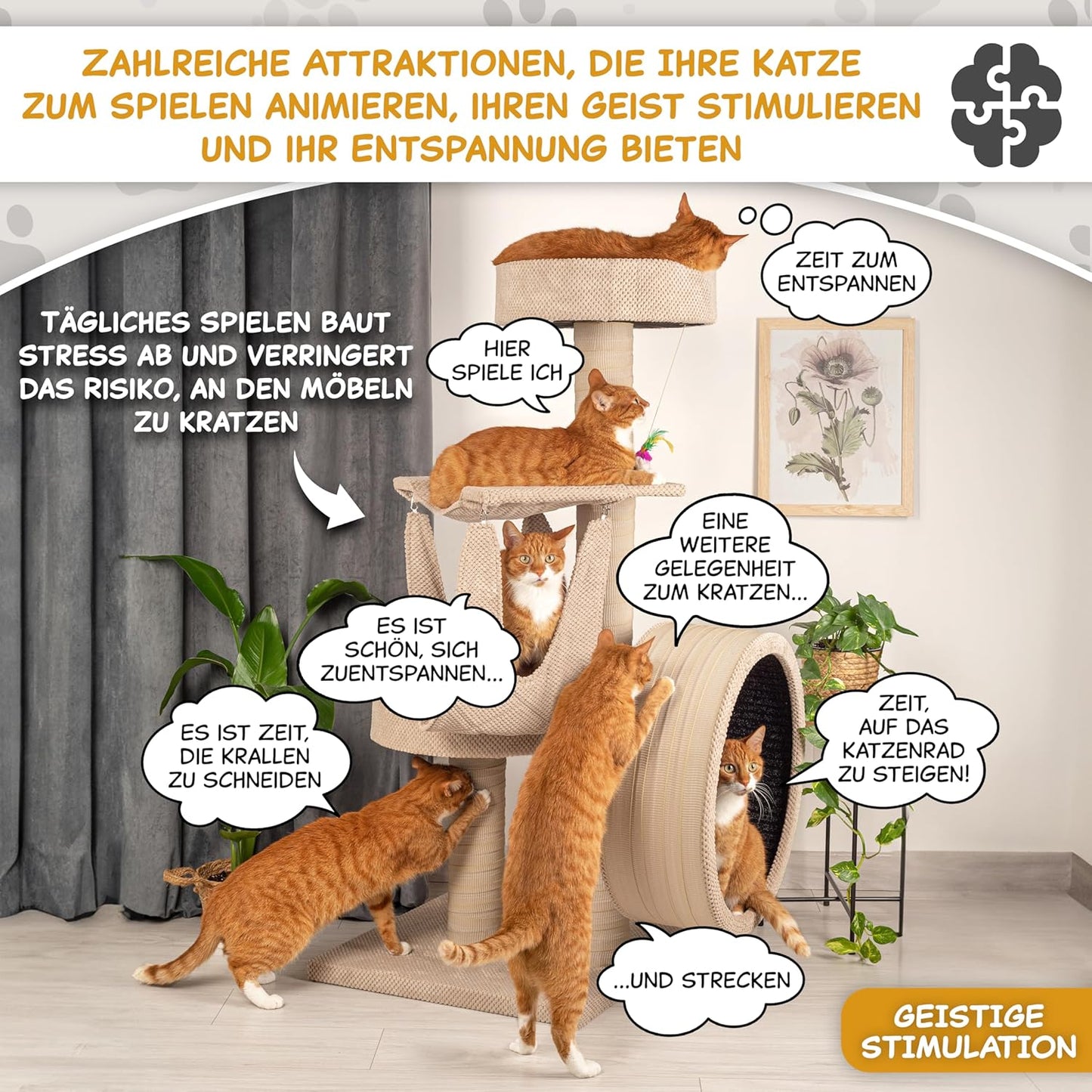 Krabpaal – Krabmeubel – Klimpaal – Kattenboom – Krabton – Beige – 135 cm Hoog – Inclusief Balansfiets
