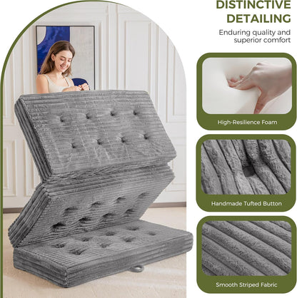 MAXYOYO Opvouwbaar matras 190 * 90 cm, 15 cm gestoffeerd opvouwbaar matras met premium imitatiebont, drievoudig opvouwbare futon slaapbank voor woonkamer/logeerkamer