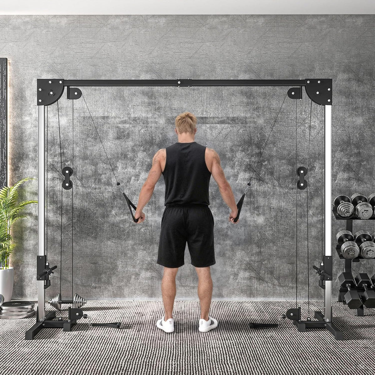 Krachtstation – Cable Crossover – Fitnessstation – Thuisgym – Trainmachine – Dubbele Kabels – Gewicht Instelbaar Tot 100 kg – Stalen Frame 245x85x207 cm – Zwart - QUORE