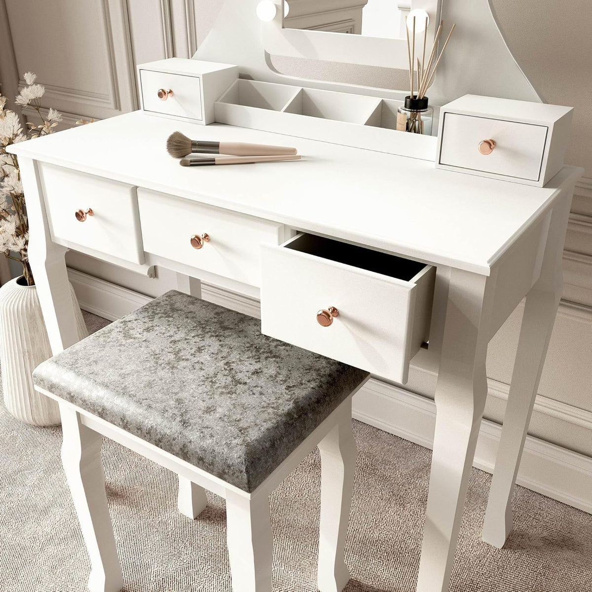 CARME Dressing Table with Mirror LED Lights 5 Drawers Stool Set Makeup Jewelry Organizer Bedroom Furniture - QUORE