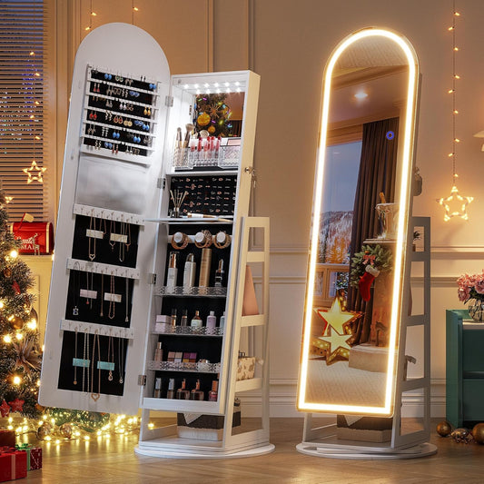 Multifunctionele Staande Sieradenkast – Juwelenkast – Opbergkast – Spiegelkast – Armoire – 360° Draaibaar – Verstelbare LED Verlichting – Afsluitbaar Met Sleutels – MDF En Veilig Glas – 165x56 cm – LED-Wit