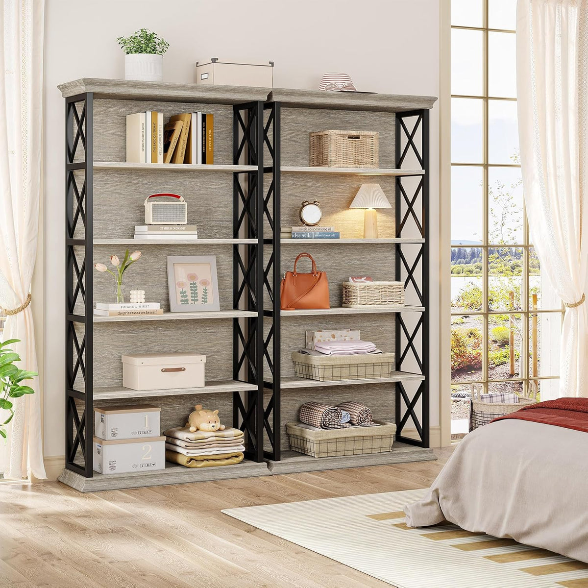 Tribesigns Bookcase, 6 Floors, 180 cm, Industrial Style, Freestanding, 5 Shelves, Tall Bookcase for Home Office, Living Room, Bedroom, Grey