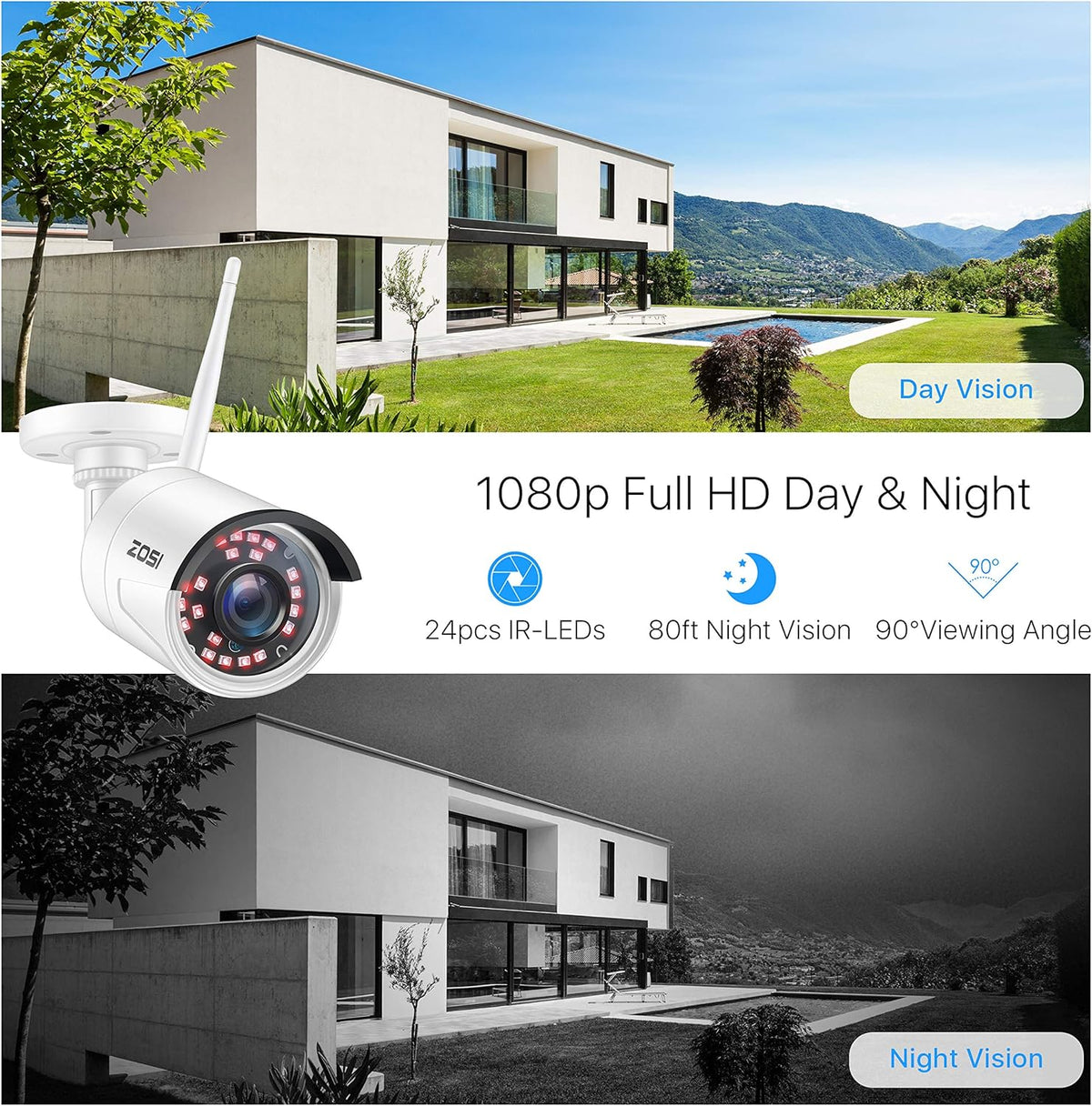 ZOSI 3MP Buiten Wlan Bewakingssysteem 8CH H.265 + HDMI NVR met 4 HD 3MP Megapixel WIFI Bewakingscamera Set zonder Harde Schijf, 24M IR Nachtzicht