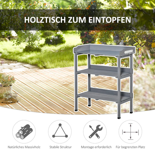 Oppottafel - Tuinwerktafel - Plantentafel -Tuinwerkbankje - met Metalen Haken - Schuiflade - 2 Niveaus - Bloementafel - voor Tuin - Sparrenhout -76 x 37 x 89 cm - Grijs