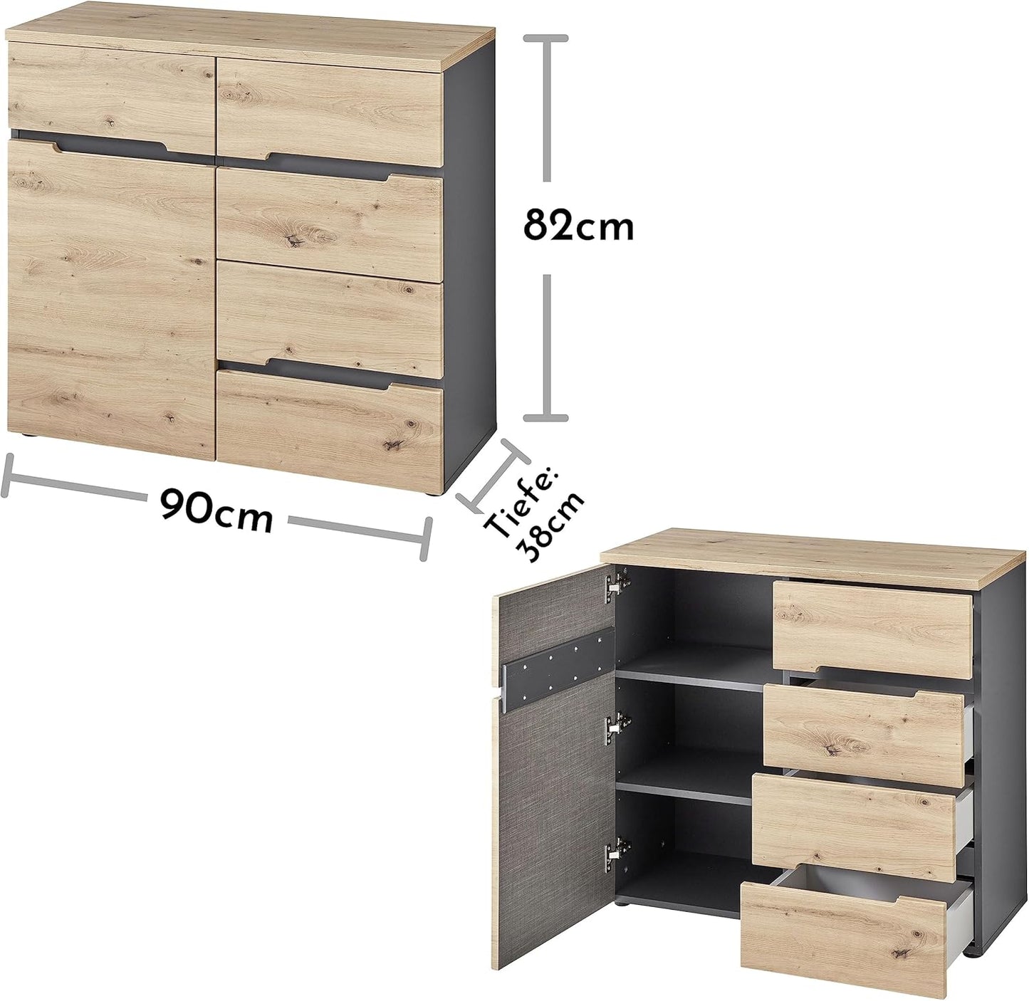 Ladekast – Commode – Opbergkast – Dressoir – Kast – Modern Design – Artisan Eikenlook Met Grafiet – 90x82x38 cm – Veel Opbergruimte