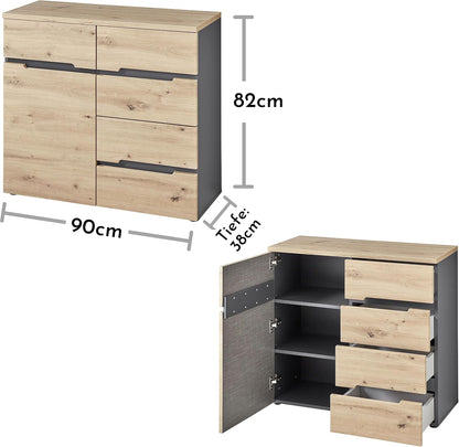 Ladekast – Commode – Opbergkast – Dressoir – Kast – Modern Design – Artisan Eikenlook Met Grafiet – 90x82x38 cm – Veel Opbergruimte
