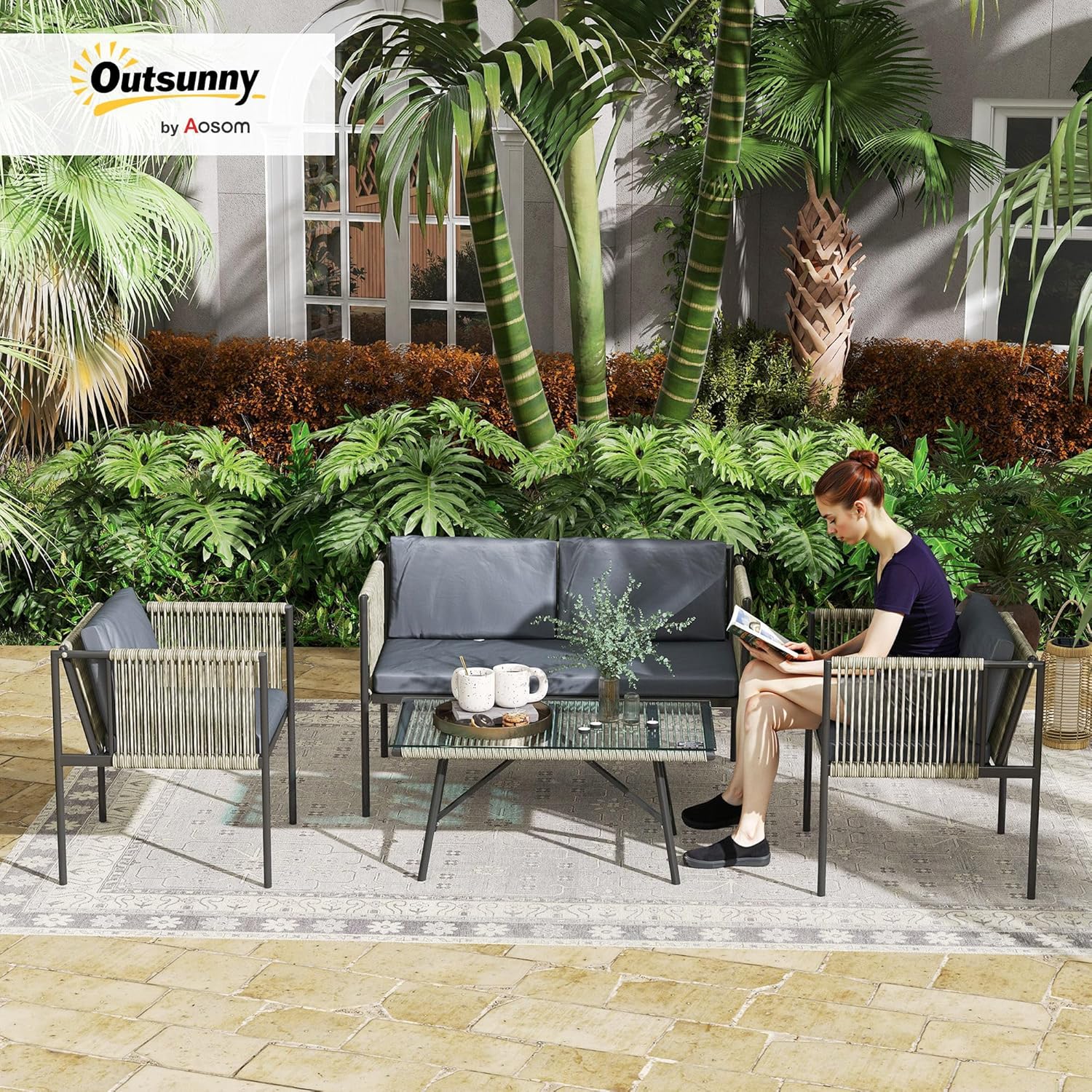 Outsunny Polyrattan Garden Furniture Set with 2-Piece Sofa, Chair, Glass Table, Cushion, Weatherproof, Balcony Furniture for 4 Persons, Outdoor Seating, Patio Furniture for Garden Balcony, Grey - QUORE