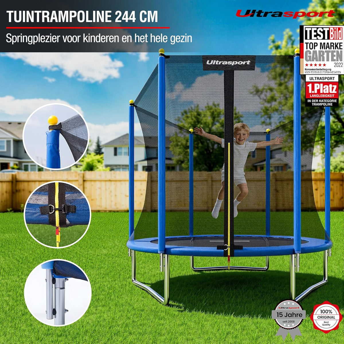 Ultrasport Uni-Jump Tuintrampoline, Ø 183-460 cm, TÜV Rheinland + GS getest, kindertrampoline, complete set met springmat, veiligheidsnet, verzinkte veren, gevoerde netpalen en randafdekking