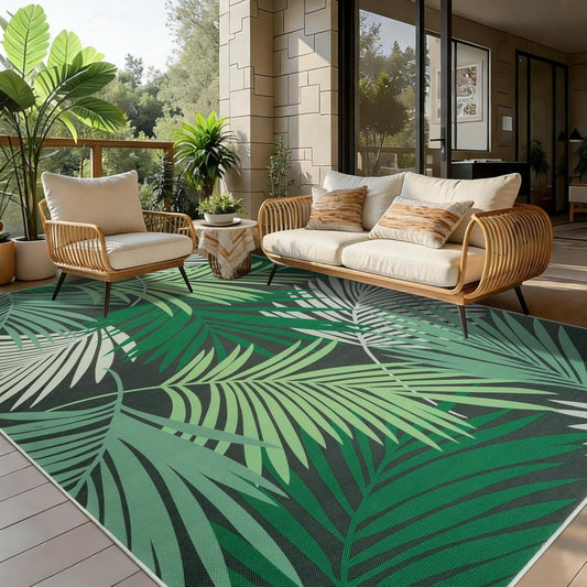 Cekene Vloerkleed voor binnen en buiten, weerbestendig, voor woonkamer, balkon, keuken, terras, plat tapijt, sisal-look, met groene bladeren, 200 x 300 cm