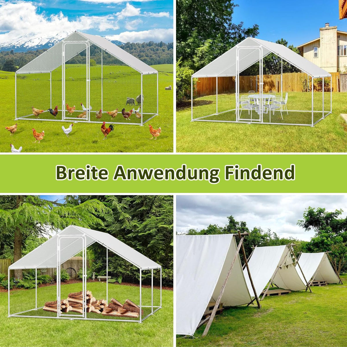 XXL Chickens with Safety Lock and Waterproof PE Tarpaulin, Plenty of Space for Chickens, Rabbits and Other Small Animals, Sturdy Steel Frame, 3 x 3 x 2 m, Red - QUORE