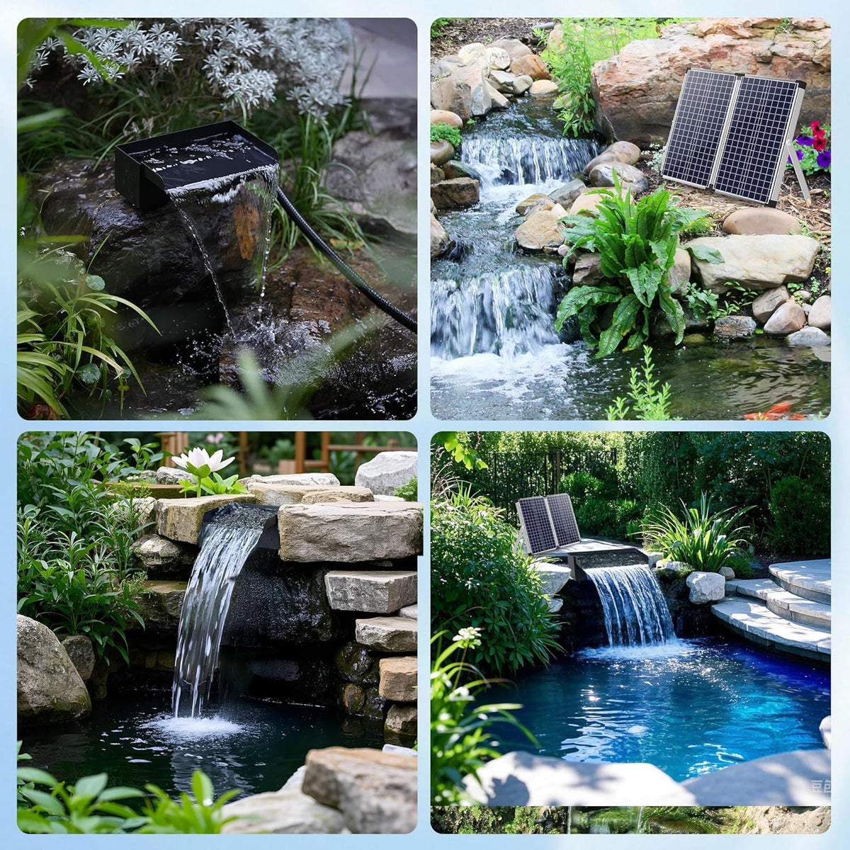 Biling 70 W Solar vijver watervalset, 30 cm roestvrijstalen overloop vijverpomp waterval en duurzame buisdecoratie voor koivijver, zwembad, beekloop, tuinvijver, terras, doe-het-zelf siervijver