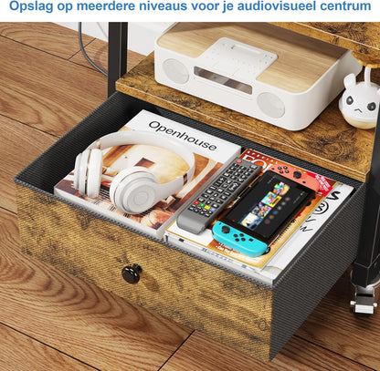 Verrijdbare TV Standaard met Beugel en Stopcontact – In Hoogte Verstelbaar TV Meubel met Lade, Geschikt voor 32–75 Inch TV's, Rustiek Houtlook