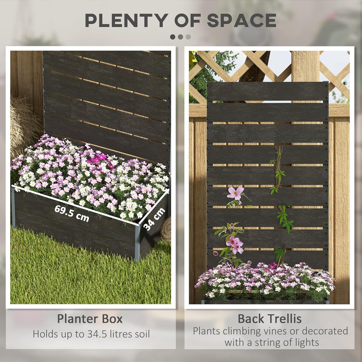 Outsunny Garden Planter with Trellis for Climbing Plants Tires Flowers Freestanding Raised Bed for Garden Outdoor Patio Planter with Drainage Hole 72x38x150cm Black - QUORE