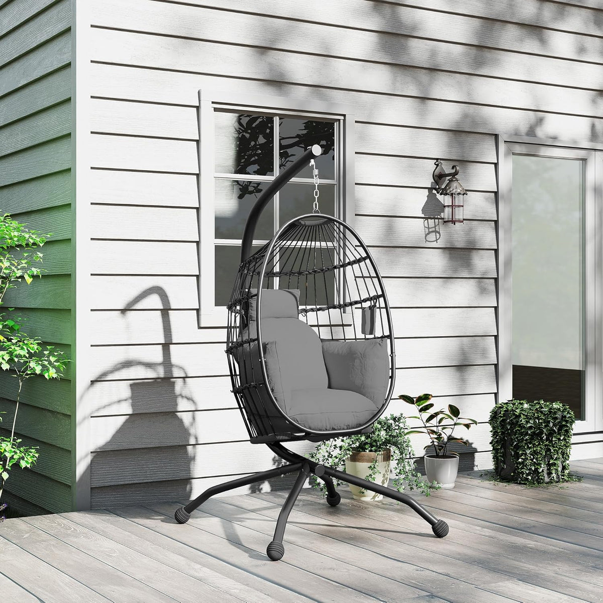 Outsunny Eshaped Outdoor Hanging Chair Folding Hanging Swing with Cup Holder, Removable Washable Seat Frame Hammock for 1 Person Swing Chair for Patio Garden Black - QUORE