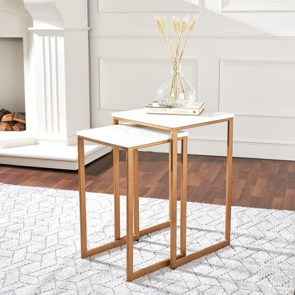 Penguin Home Bijzettafel Set van 2, Marmer & Strijkijzer, Wit & Goud, 38x38x61cm & 33x33x56cm