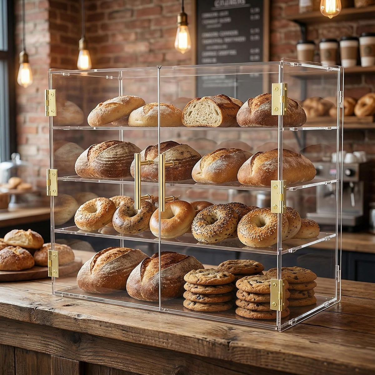 4-laags bakkerij vitrine met elastische automatische deur, 19,5 "x 19,75" x 19,75" x 10,35" acryl helder gebak vitrine aanrecht vitrinekast voedseldoos voor brood dessert koekjes bakken