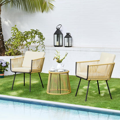 Yaheetech 3-Piece Rattan Balcony Set, Garden Furniture Set Including 2 Chairs with 6 cm Thick Seat and Back Cushion and 1 Table with 5 mm Thick Tempered Glass, Garden Seat Group for Outdoor Balcony, Light Brown/Cream White - QUORE