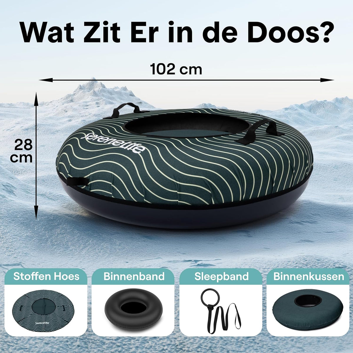 SereneLife Sneeuwband – Opblaasbare Snow Tube voor Skiën & Rodelen, 102/100/122 cm, Harde Kunststof Bodem, Rubber Binnenband, Oxford Cover, Sleepkoord, Ideaal voor Wintersport - QUORE