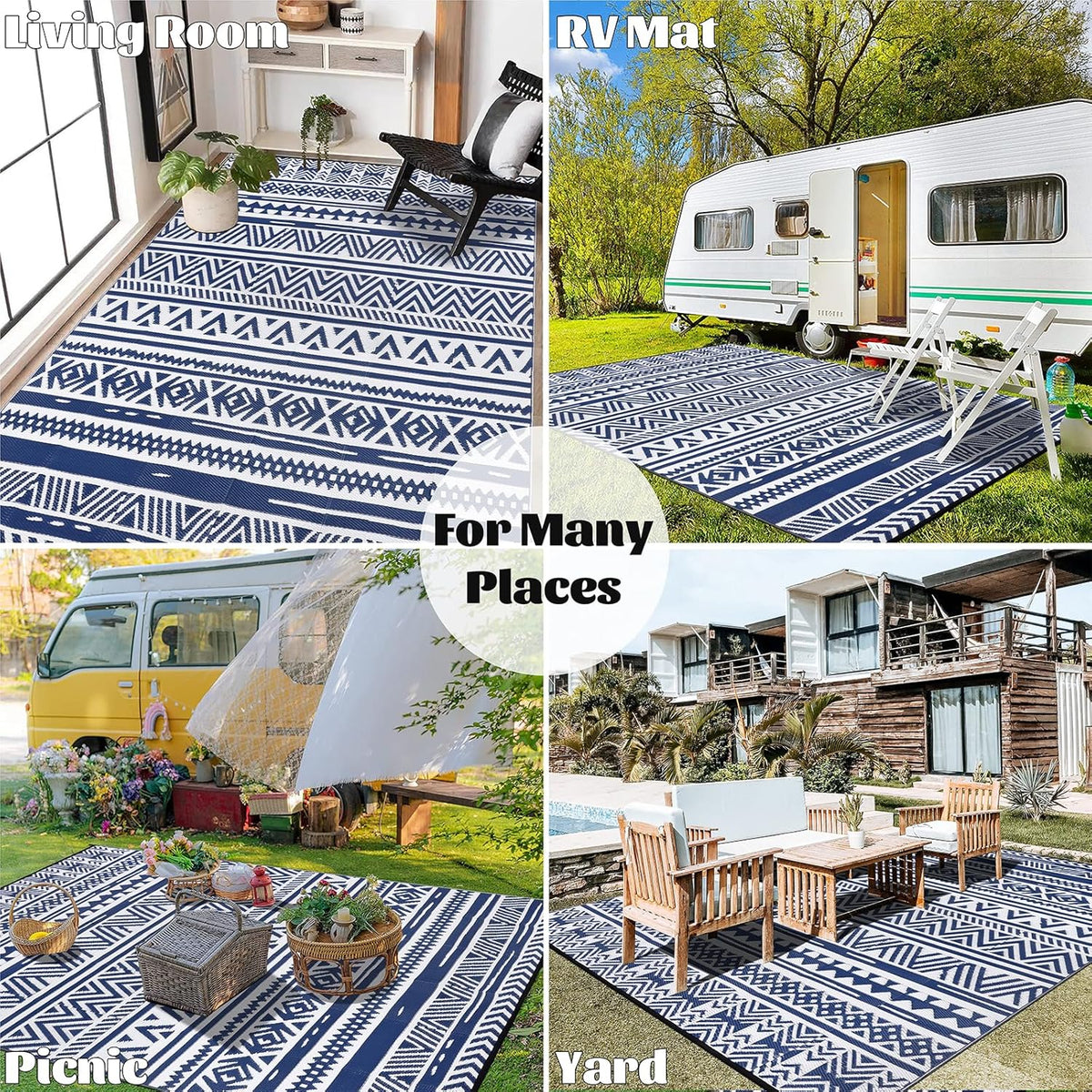 Buiten Vloerkleed - Buitenkleden - Buitentapijt - Opvouwbaar - UV-bestendig - Waterdicht - Omkeerbaar - Buitenmatten - voor Buiten - Balkon - Strand - Picknick -Terras - Rechthoekig - 240 x 300 cm - Blauw