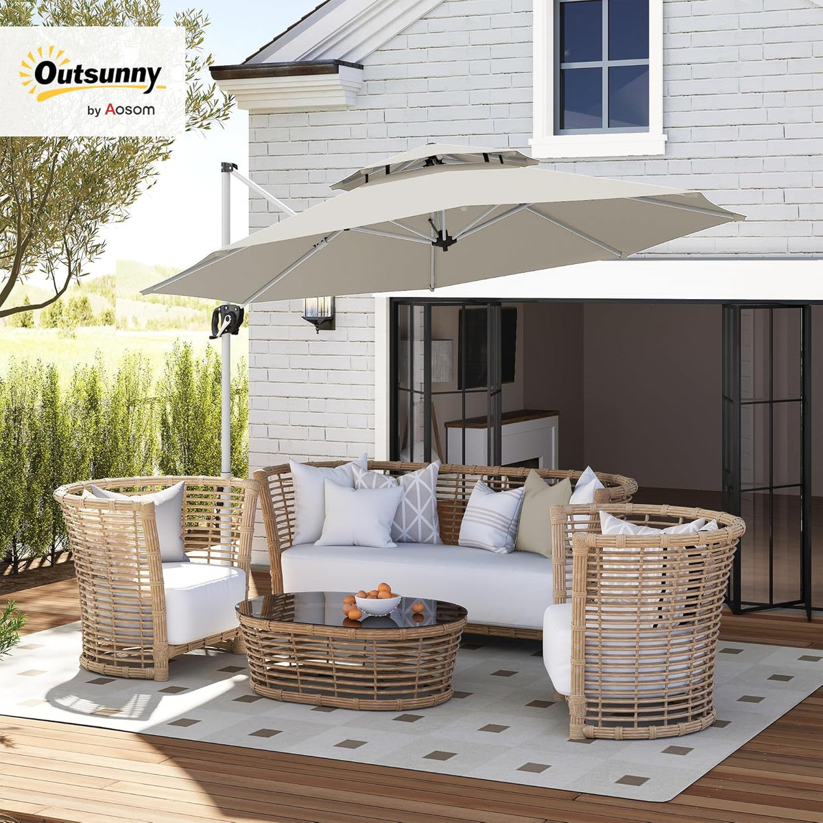 Outsunny Round Floating Parasol, 3 x 2.5 m, Outdoor Garden Parasol with Crank, Cross Base, Tilting and 360° Rotatable, Double Roof, UV Protection UPF0+, Grey, Light Grey