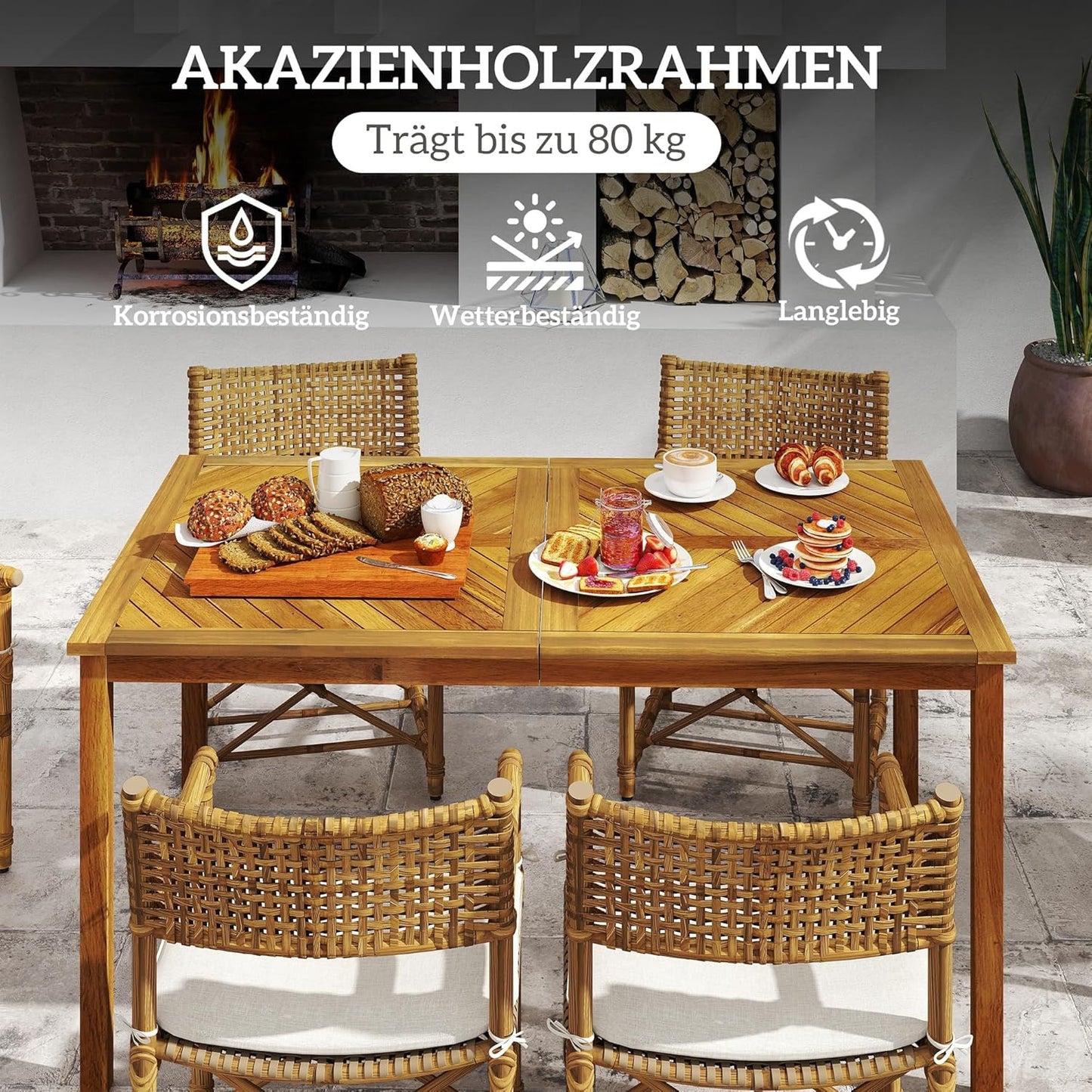 Outsunny Gartentisch klappbar 150x85cm, Wetterfest Balkontisch aus Holz, 6 Persons Klapptisch mit Schirmloch, Lamellendesign Esstisch Outdoor, Beistelltischisch, Terrassentisch für Garten Balcony Teak - QUORE