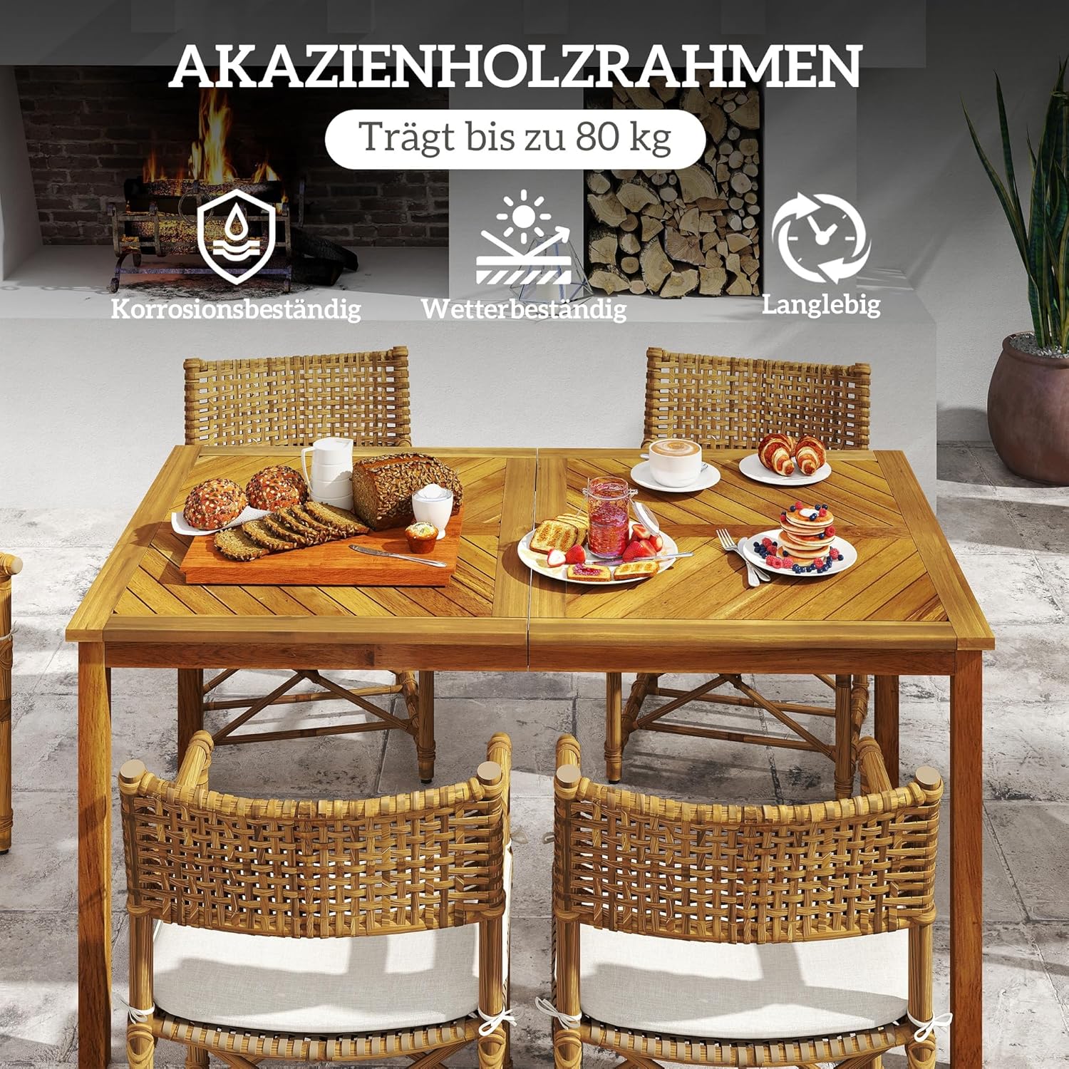 Outsunny Gartentisch klappbar 150x85cm, Wetterfest Balkontisch aus Holz, 6 Persons Klapptisch mit Schirmloch, Lamellendesign Esstisch Outdoor, Beistelltischisch, Terrassentisch für Garten Balcony Teak - QUORE