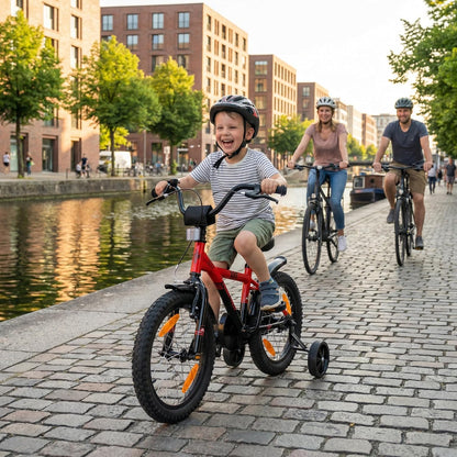 PROMETHEUS BICYCLES Kinderfiets, 16 inch vanaf 5 jaar, kinderfiets, meisjes, jongens, fiets met steunwielen, terugtraprem, in rood/zwart