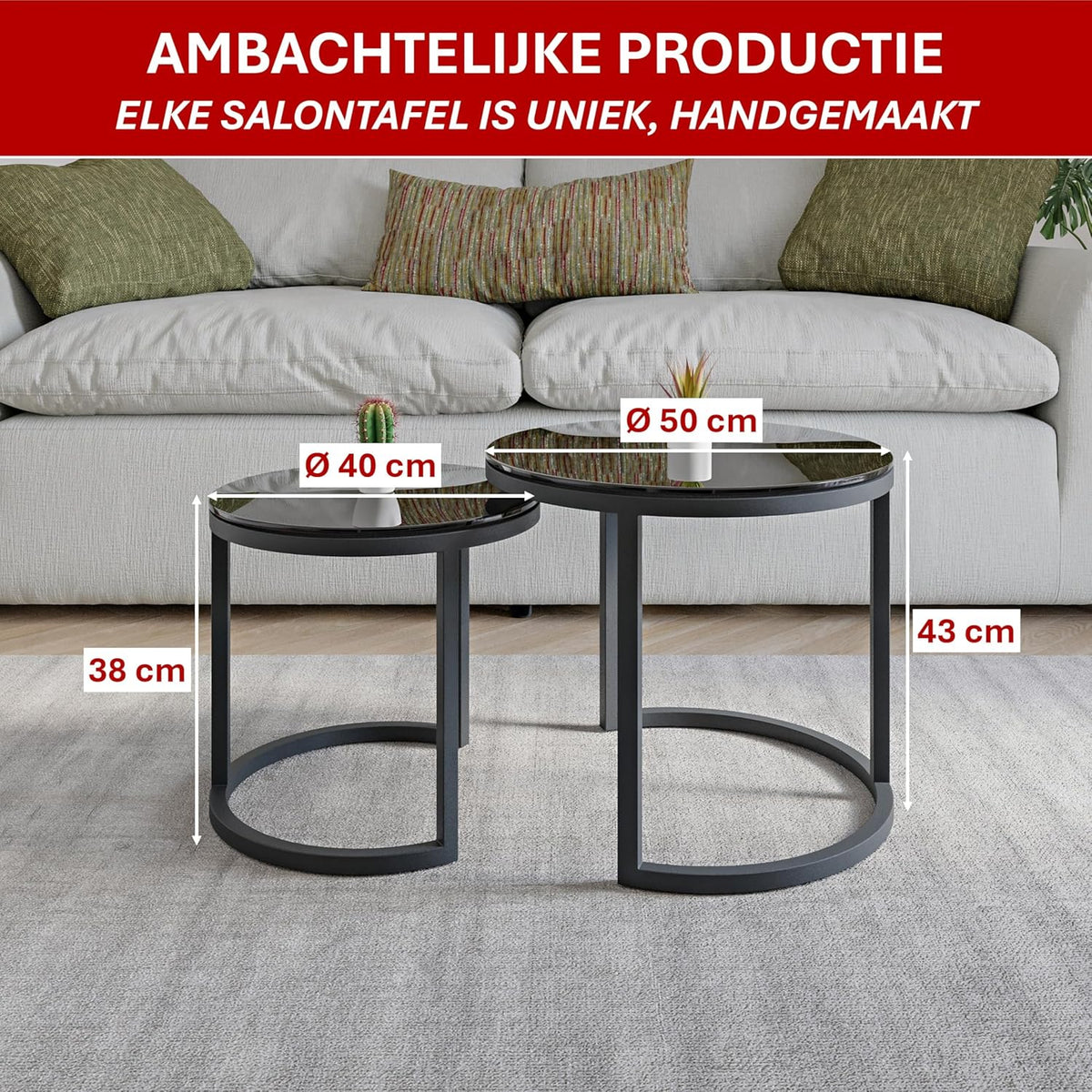 Modena, Set van 2 Salontafels van Gehard Glas en Staal, Handgemaakt in Europa, Bijzettafel, Koffietafel, Coffee Table, Zwart, Ronde, Ø50x43 cm / Ø40x38 cm