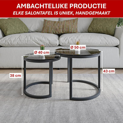Modena, Set van 2 Salontafels van Gehard Glas en Staal, Handgemaakt in Europa, Bijzettafel, Koffietafel, Coffee Table, Zwart, Ronde, Ø50x43 cm / Ø40x38 cm