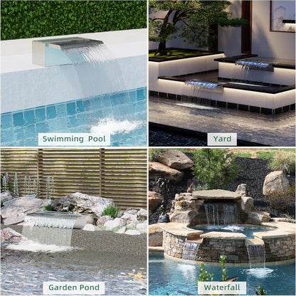 LONGRUN 23 cm vijver waterval, 304 roestvrij staal, zwembadwaterval met waterpomp, 7 kleuren Bluetooth LED tuinfontein