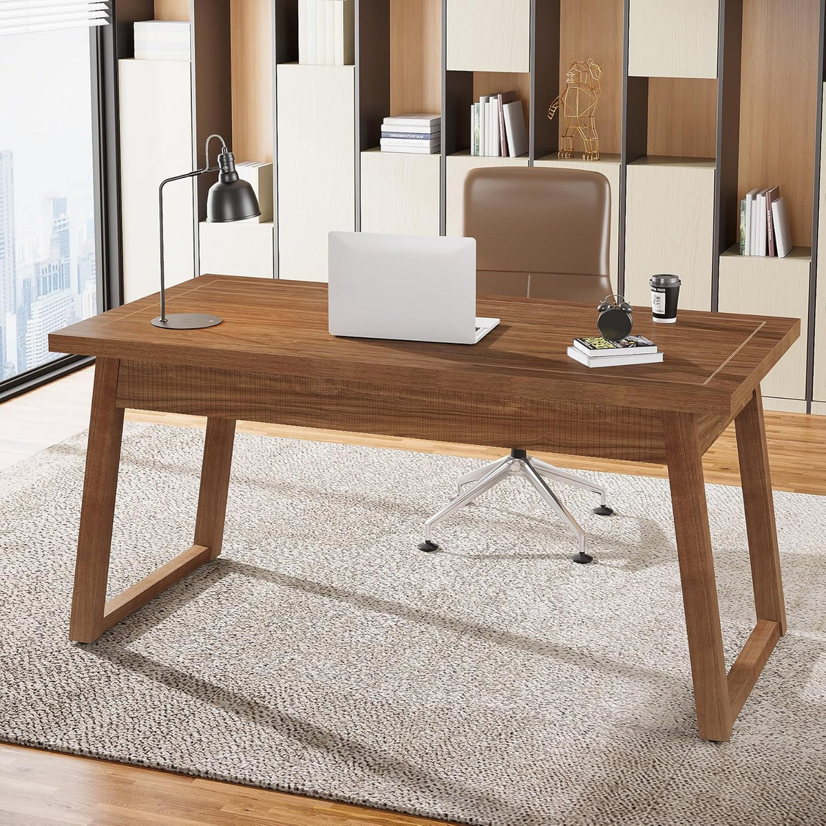 Tribesigns Home Office Executive Desk: 140cm Solid Wood Computer Desk with Drawer, Modern Study Writing Table, Rustic PC Laptop Desk, Workstation Furniture, Walnut Brown