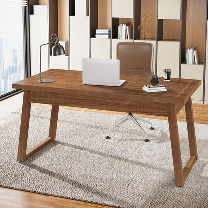 Tribesigns Home Office Executive Desk: 140cm Solid Wood Computer Desk with Drawer, Modern Study Writing Table, Rustic PC Laptop Desk, Workstation Furniture, Walnut Brown