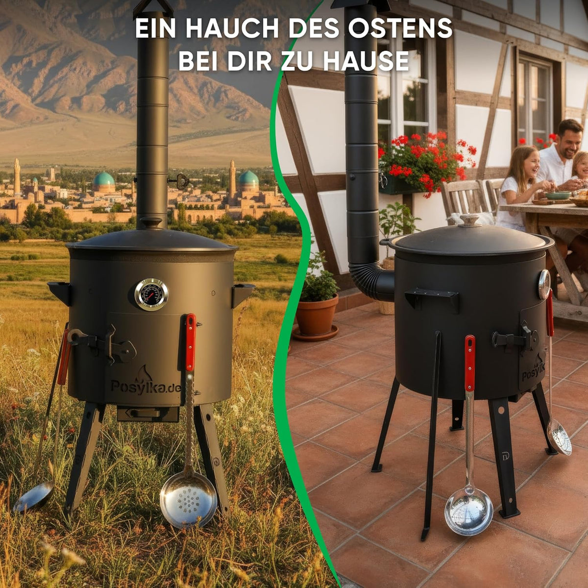Utschak Kazan Fire Stove with Thermometer Cast Iron Pan Round Bottom with Lid (12 L), Skimmer 48 cm, Ladle 48 cm KazanoFF Fire Bowl Camping Kazan Goulash Cannon Dutch Oven (Set 3) - QUORE