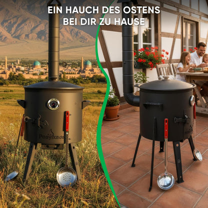 Utschak Kazan Fire Stove with Thermometer Cast Iron Pan Round Bottom with Lid (12 L), Skimmer 48 cm, Ladle 48 cm KazanoFF Fire Bowl Camping Kazan Goulash Cannon Dutch Oven (Set 3) - QUORE