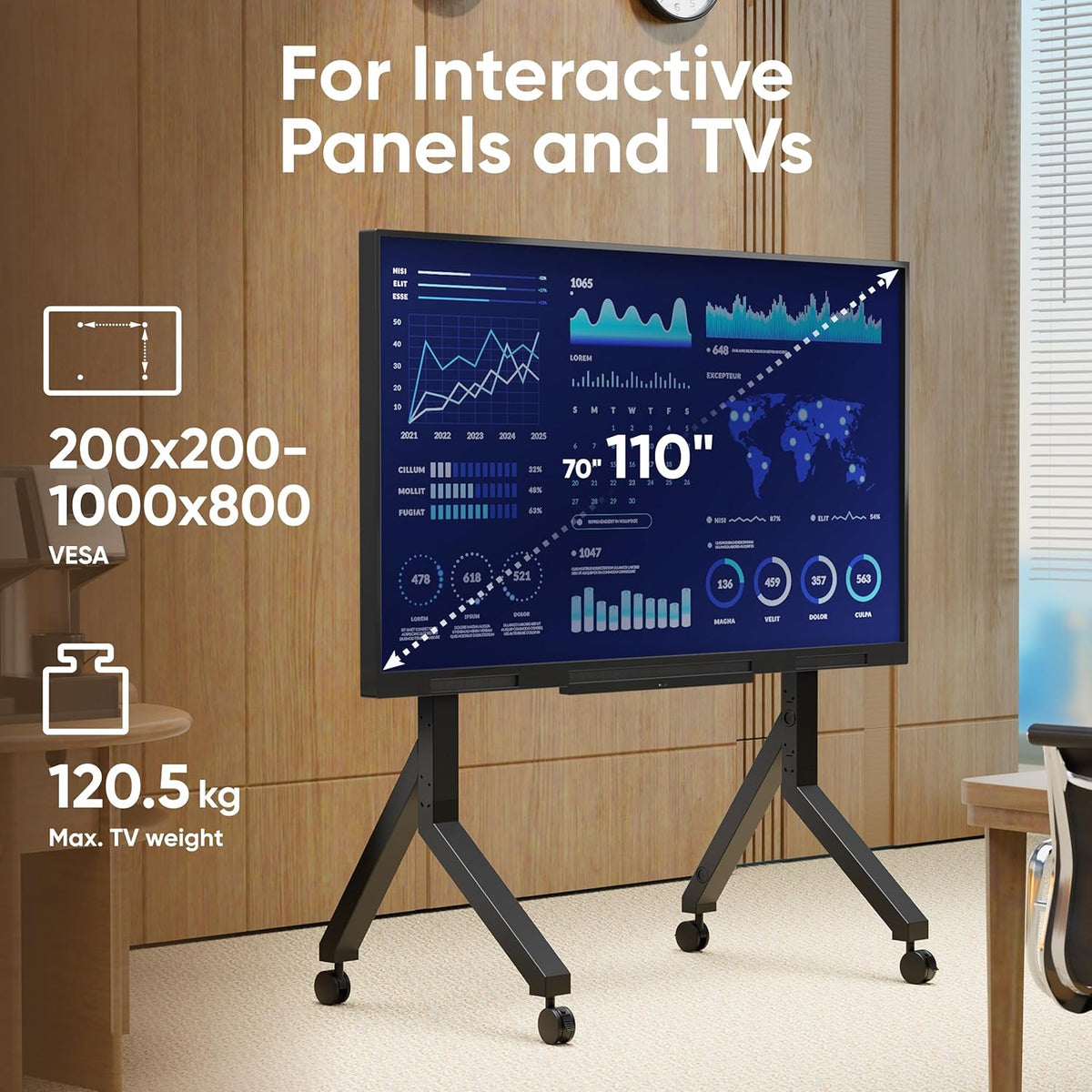 ONKRON TV-standaard op wielen voor 70-110 inch televisies tot 120,5 kg, in hoogte verstelbare TV-standaard max VESA 1000x800, mobiele TV-wagen met wielen/TV-rollwagen met plank zwart TS2081-B