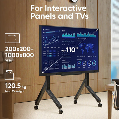 ONKRON TV-standaard op wielen voor 70-110 inch televisies tot 120,5 kg, in hoogte verstelbare TV-standaard max VESA 1000x800, mobiele TV-wagen met wielen/TV-rollwagen met plank zwart TS2081-B