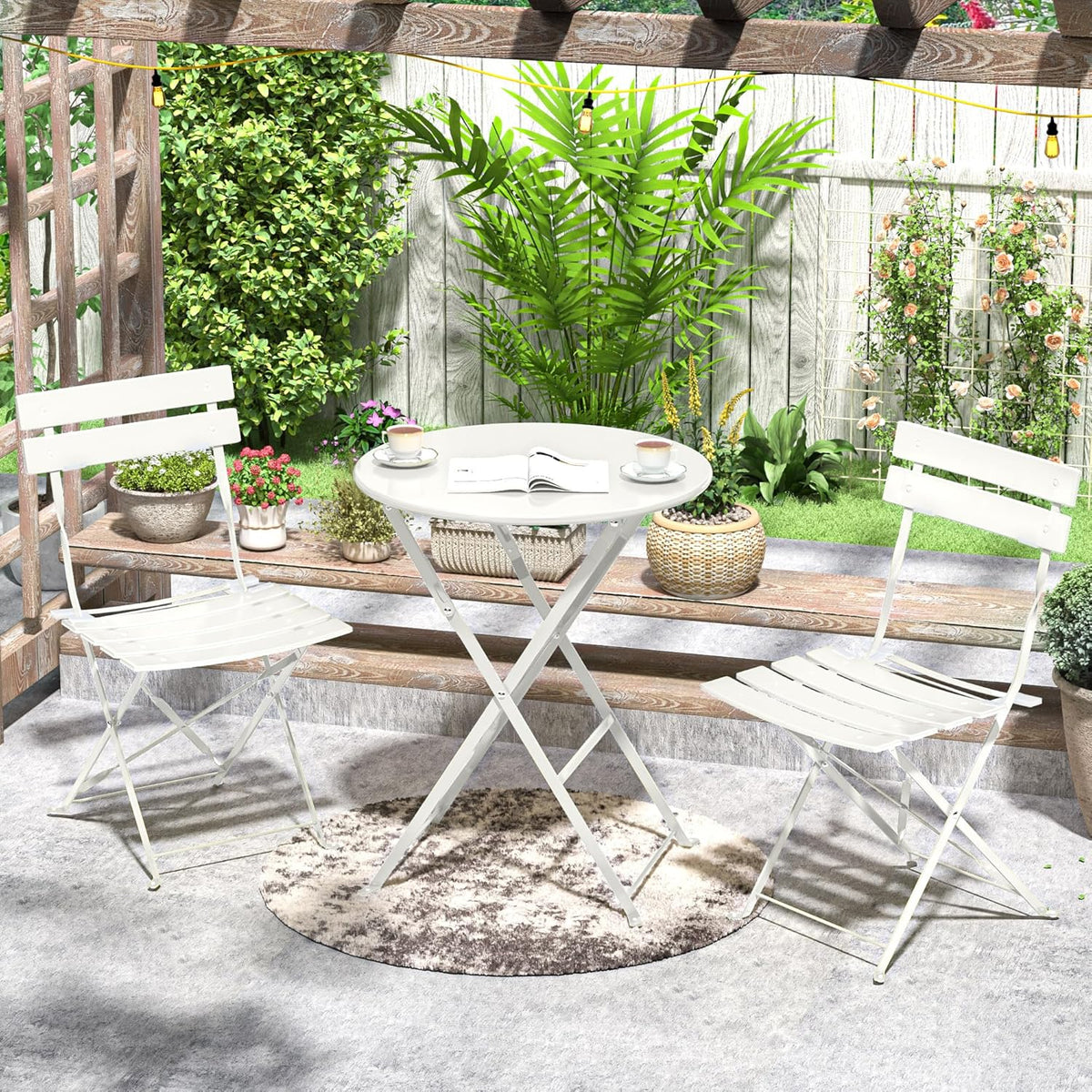 Tuinmeubelset, weerbestendig, balkonmeubelset, 3-delig, voor klein balkon, bistrotafel met 2 stoelen, bistroset, inklapbaar, wit