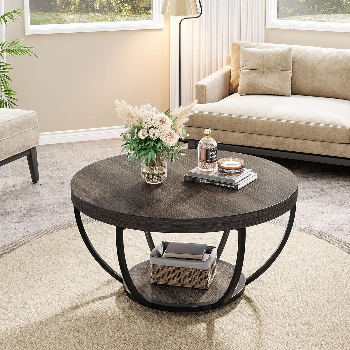 Tribesigns Round Coffee Table, 80.5cm Wooden 2-Tier Circle Coffee Table with Storage Shelves, Modern Accent Cocktail Table Center Table for Living Room, Grey