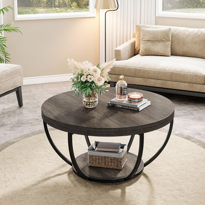 Tribesigns Round Coffee Table, 80.5cm Wooden 2-Tier Circle Coffee Table with Storage Shelves, Modern Accent Cocktail Table Center Table for Living Room, Grey