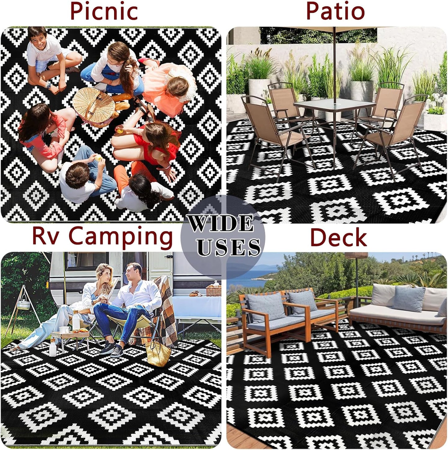 Buiten Vloerkleed - Buitenkleden - Buitentapijt - Opvouwbaar - UV-bestendig - Waterdicht - Buitenmatten - voor Buiten - Balkon - Strand - Picknick -Terras - Rechthoekig - 245 x 305 cm - Zwart