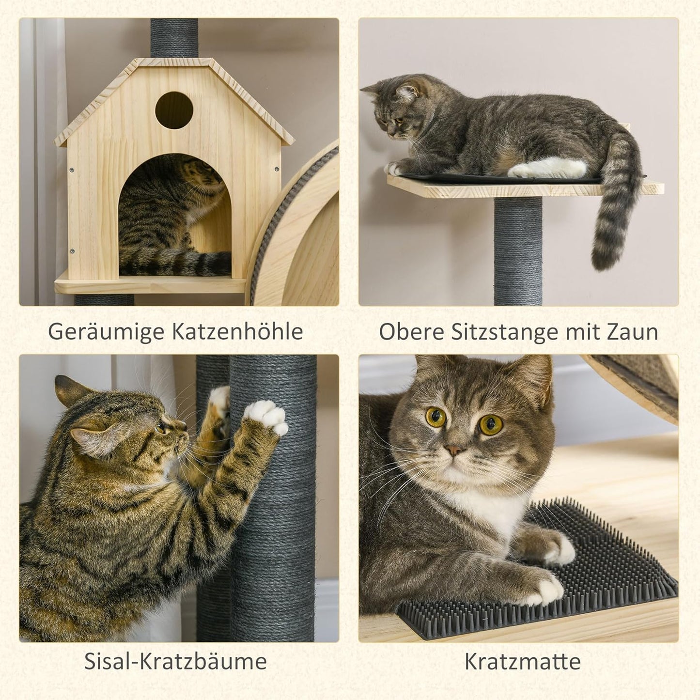 PawHut cat tree with running wheel, 4 storey scratching tree, cat house with sisal posts, cat cave, solid wood, 80 x 40 x 148 cm - QUORE
