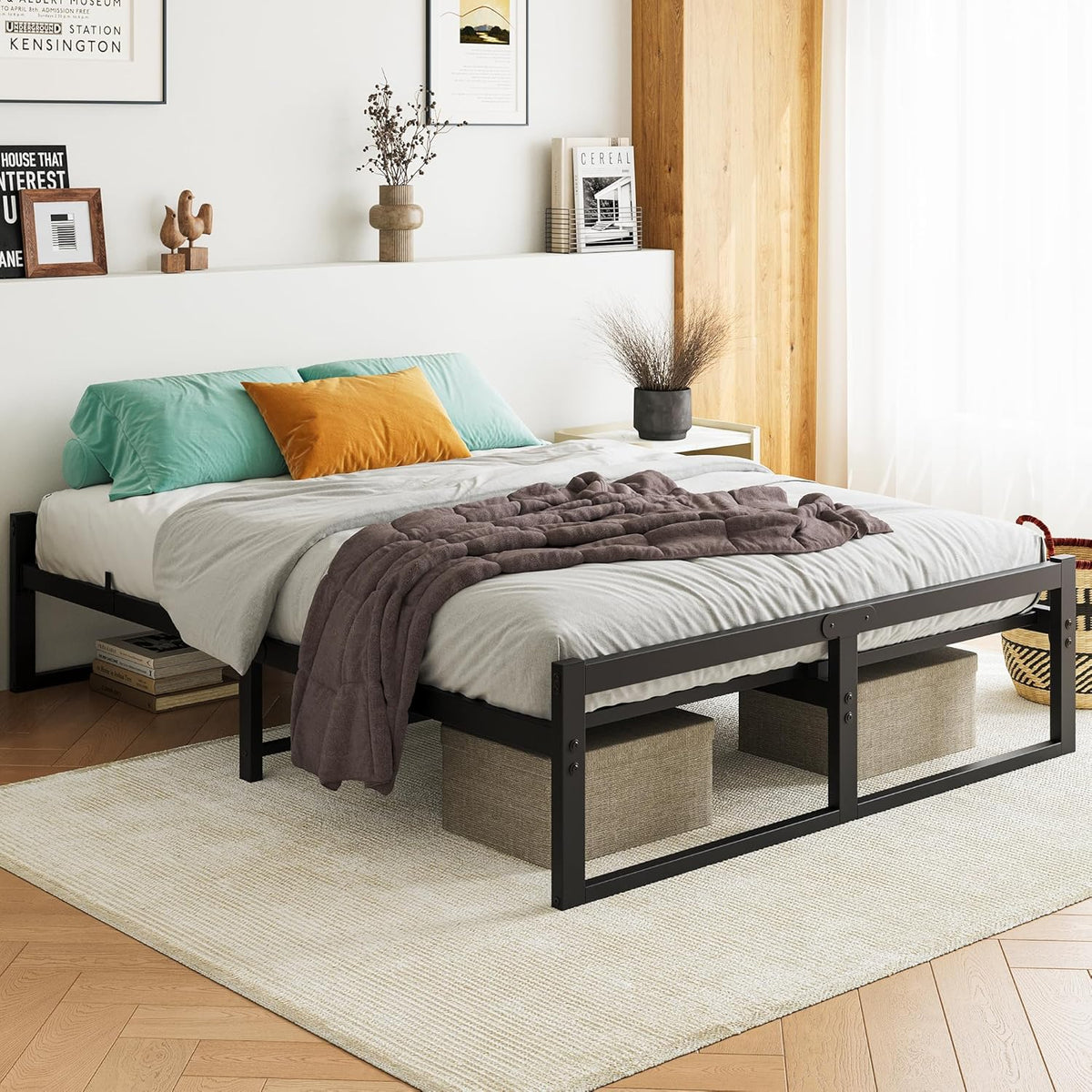 Kingsize Metalen Bed Frame Platform met Matrasbasis 27cm Onderbed Opslag Stalen Ondersteuning Geluidsbestendig 150x200cm