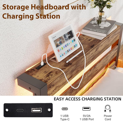 HOMERECOMMEND 3ft eenpersoonsbedframe met USB-laadstation, LED-bedframe met houten opberghoofdeinde, metalen platformbedframe enkele maat, geen boxspring nodig, ondersteuning voor sterke latten