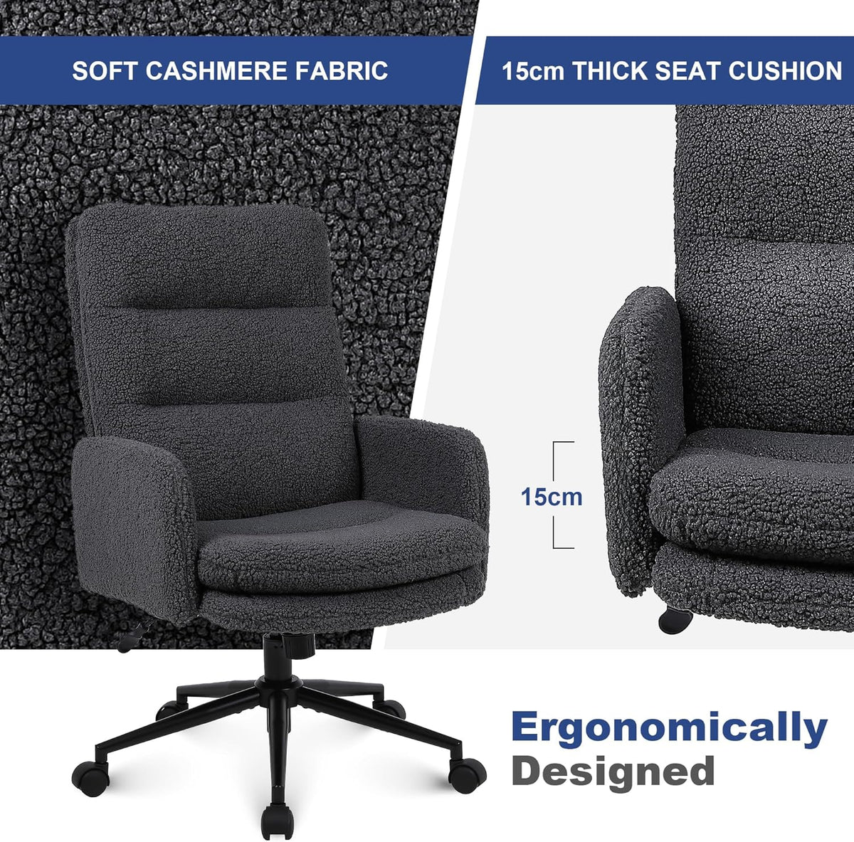 Youhauchair Bureaustoel met hoge rugleuning, bureaustoel van imitatiebont met verstelbare hoogte, comfortabele kaptafel van kasjmier, ergonomische bureaustoel voor thuis, donkergrijs